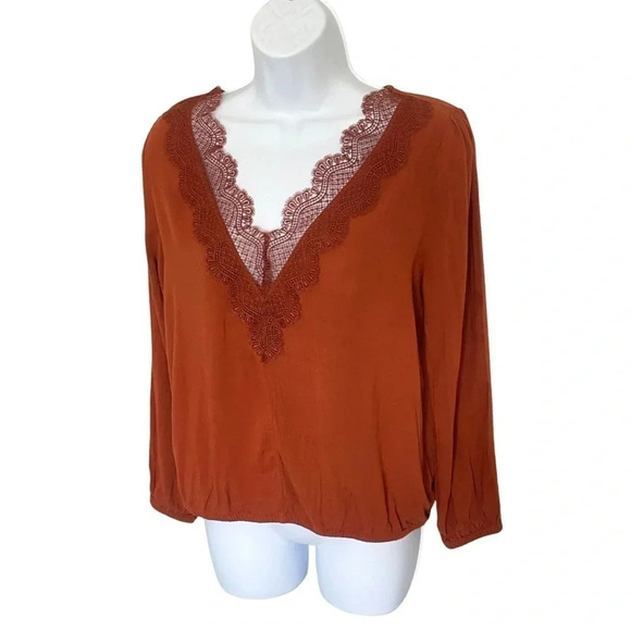 Express Burnt Orange Long Sleeve Blouse, Size Small, Lace-Like V-Neckline - Picture 10 of 10
